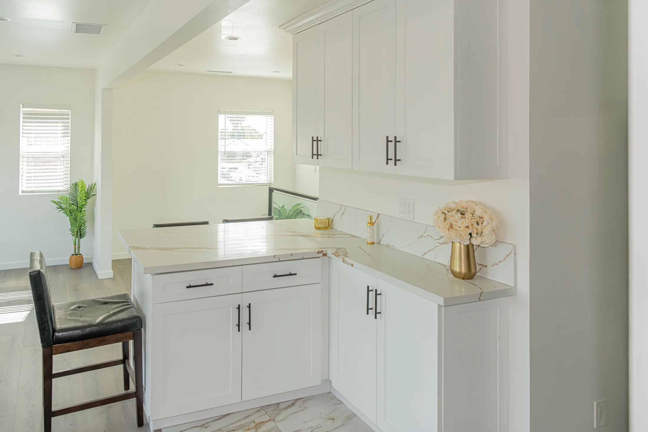 Kitchen with a quartz waterfall island